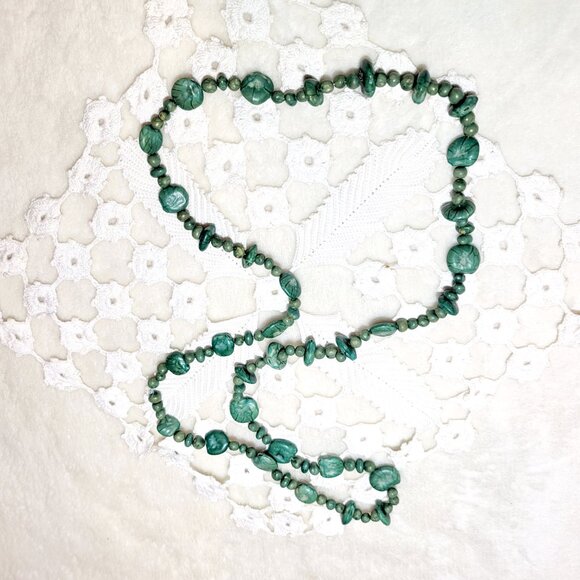 ☘️90's Teal Green Geometric Pebble Nugget Beaded Long Single Strand 18" Necklace - Picture 4 of 8
